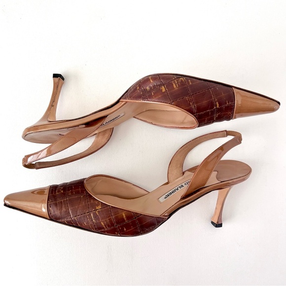 MANOLO BLAHNIK | Vintage SlingBack Pointed Toe Kitten Heel Leather Brown Tan 40 - Picture 5 of 15